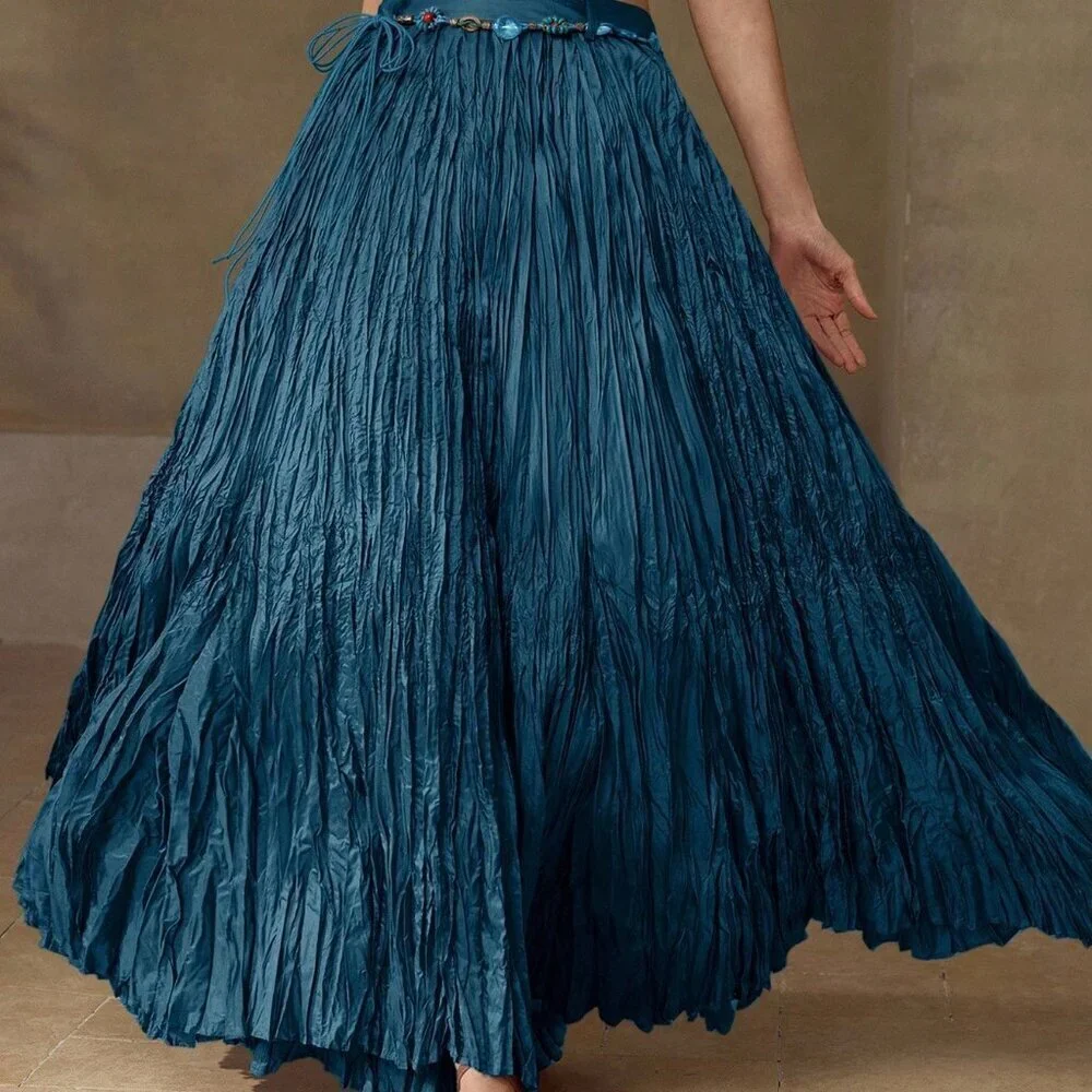 Baby Blue Elegant Women's Textured High Waist Maxi Skirt